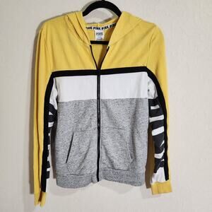 VICTORIA'S SECRET PINK Colorblock Full Zip Hoodie Jacket Yellow Gray White Black